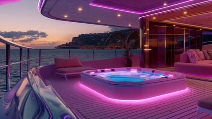 Fototapeta premium a hot tub on a boat with a view of the ocean at night time, with a couch and a table