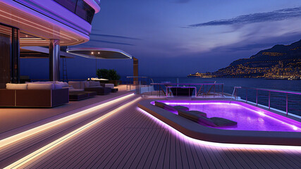 a large outdoor swimming pool on a boat at night time with a view of the ocean and mountains in the distance