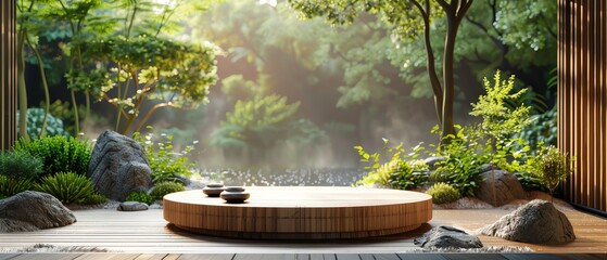 Tranquil garden scene featuring a wooden platform surrounded by blurred lush greenery and gentle sunlight background, perfect for relaxation.