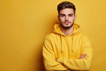 Portrait of handsome young man in yellow hoodie on color background with generative ai
