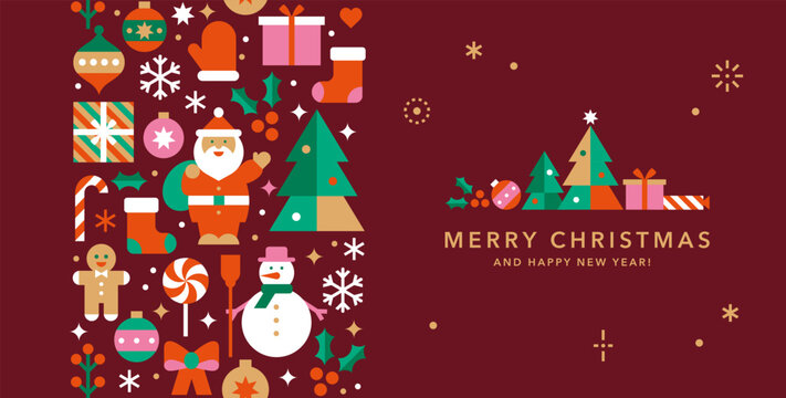 Horizontal Christmas and New Year banner.Seamless vertical border with winter icons in abstract modern flat style.Template for card, invitation or advertising.Happy holidays.Vector illustration.