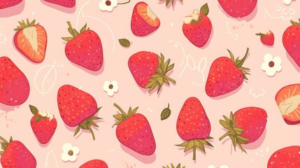 Fruit pattern illustration featuring a charming red strawberry outlined in white set against a pink pastel background Ideal for fabric tile wallpaper and print designs Cartoon style