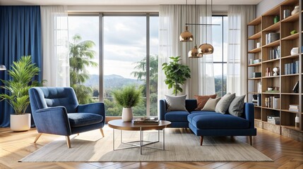 This image shows a modern living room with blue upholstered furniture including an arm chair and sectional sofa The room has large glass windows that let in natural light and offers a pleasing view.