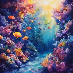Underwater Watercolor Painting of Colorful Coral Reef and Fish