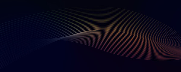 Dark abstract background with a glowing wave. Panoramic shiny moving lines design element. Modern purple, blue gradient flowing wave lines. Futuristic technology concepts. Web banner, banner backdrop