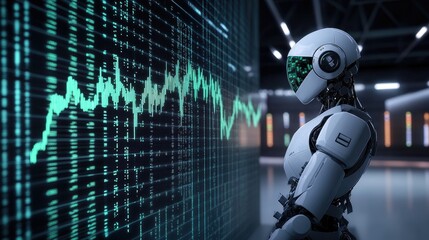 AI Robot Analyzing Data on a Large Digital Screen with Green Lines