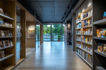 Hallway of a modern minimalist bookstore