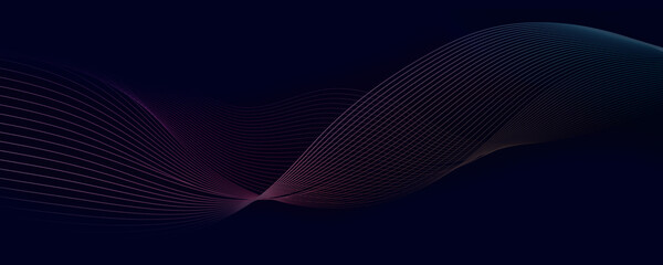 Dark abstract background with a glowing wave. Panoramic shiny moving lines design element. Modern purple, blue gradient flowing wave lines. Futuristic technology concepts. Web banner, banner backdrop