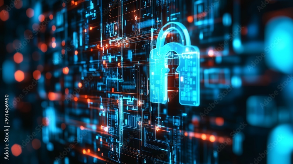 Poster Digital security system displaying a glowing padlock amidst a matrix of interconnected circuits and data streams in a high-tech environment