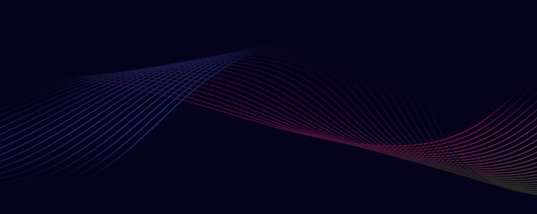 Dark abstract background with a glowing wave. Panoramic shiny moving lines design element. Modern purple, blue gradient flowing wave lines. Futuristic technology concepts. Web banner, banner backdrop