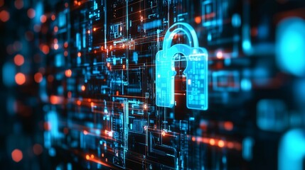 Fototapeta premium Digital security system displaying a glowing padlock amidst a matrix of interconnected circuits and data streams in a high-tech environment