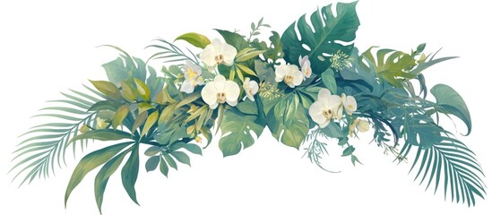 Arrangement of tropical leaves and a flower garland featuring orchids ferns philodendron and ruscus leaves isolated on a white background with a clipping path