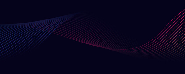 Dark abstract background with a glowing wave. Panoramic shiny moving lines design element. Modern purple, blue gradient flowing wave lines. Futuristic technology concepts. Web banner, banner backdrop