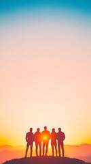 Fototapeta premium Friends Silhouettes Watching Sunset Over Mountains