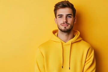 Fototapeta premium Portrait of handsome young man in yellow hoodie on color background with generative ai