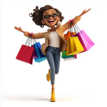 recommend clip art: 3D Black friday shopper of an excited young woman holding multiple shopping bags