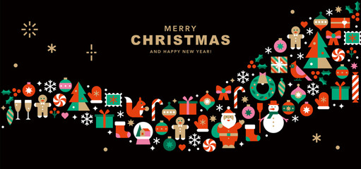 Horizontal banner with Christmas and New Year icons in abstract modern geometric flat style.Seasons greetings.Happy holidays.Winter template for card, invitation or advertising.Vector illustration.