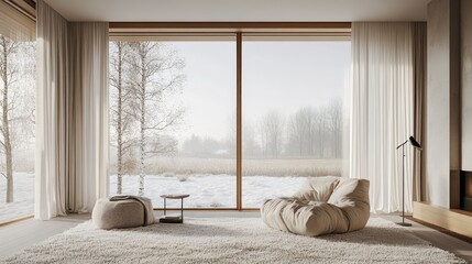 Cozy Living Room Design with Fluffy Rug and Floor Lamp - Winter View
