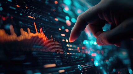 Fototapeta premium Businessman touching on digital screen with stock market graph and chart background,