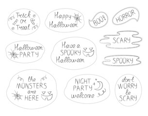 Sticker collection of Halloween holiday lettering. Black and white doodle vector illustration.