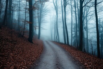 Obraz premium Foggy forest path during autumn morning