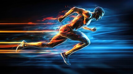 High-detailed image of a runner's athletic form during a sprint, with emphasis on muscle definition and speed