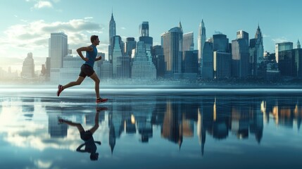 High-detailed photograph of a runner with a city skyline background, emphasizing motion and high-detail urban scenery