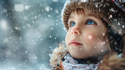 Fototapeta premium Child Looking Up at Snowflakes in Winter