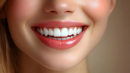 Obraz premium A close-up of a smiling woman's face showcasing bright, white teeth and healthy lips.
