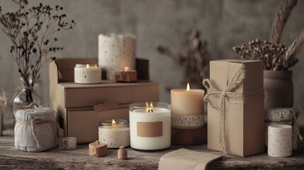 A beautiful selection of handmade soy wax candles, their soft, neutral colors and eco-friendly packaging showcased in an elegant, earthy setup.