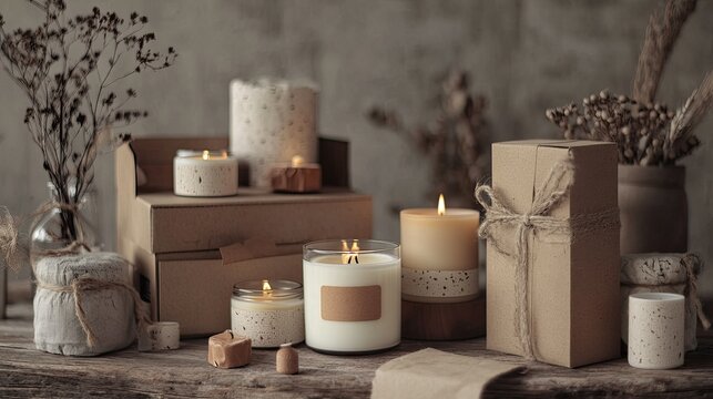 A beautiful selection of handmade soy wax candles, their soft, neutral colors and eco-friendly packaging showcased in an elegant, earthy setup.
