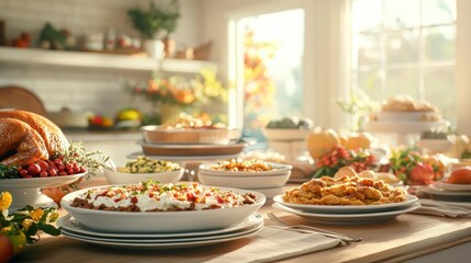 Thanksgiving dinner with a table full of traditional dishes like turkey