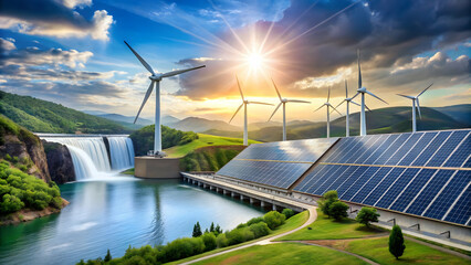 Large solar panels and tall wind turbines against a clear blue sky.