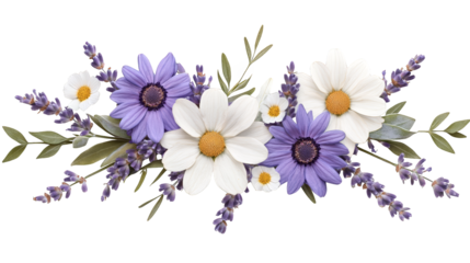 A beautiful floral arrangement featuring lavender and a mix of daisies. Perfect for any design needing a touch of nature.