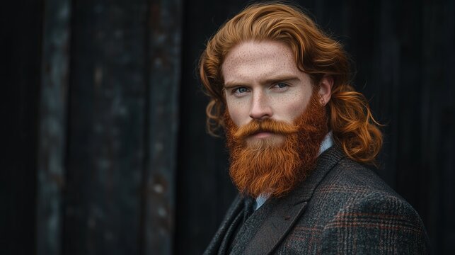 A striking Scottish man stands confidently outdoors, showcasing his red hair and well-groomed beard. He is dressed in a tailored outfit, exuding charm and strength amid a natural backdrop.