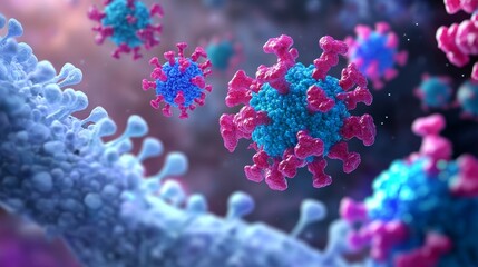 Fototapeta premium Detailed close-up of a virus representation, showcasing vibrant colors and intricate structures in a microscopic environment.