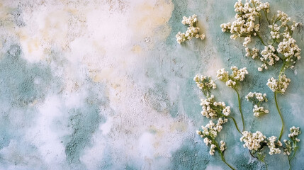 Obraz premium Delicate white flowers gracefully spread across a textured, soft blue background, creating a serene and calming atmosphere.