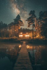 Fototapeta premium Wooden dock and cabin at night