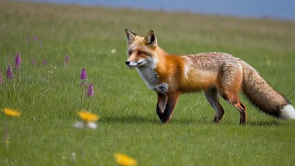 Obraz premium A red fox walking through a grassy field adorned with wildflowers.