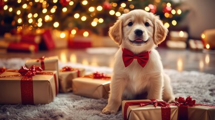 Small dog with a red bow sitting next to wrapped presents, twinkling lights on the tree in the background, capturing the excitement of the holiday season. Christmas, New Year
