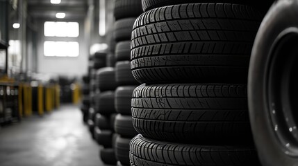Stacks of new tires at a tire factory