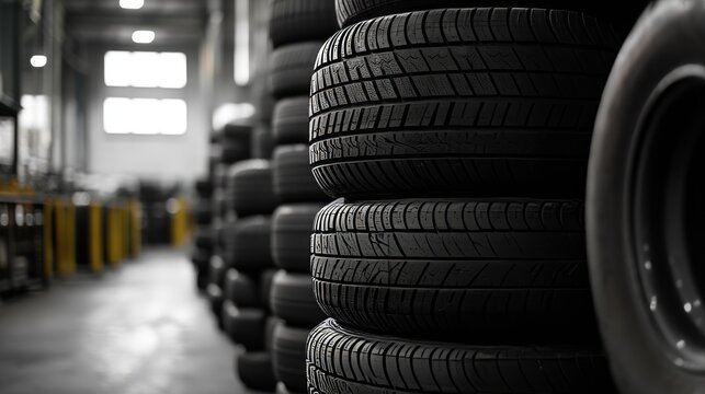 Stacks of new tires at a tire factory