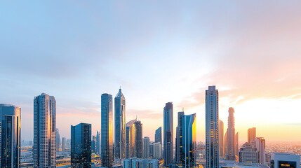 Obraz premium a busy city skyline during sunset, with a mix of traditional and modern architecture