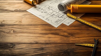 Fototapeta premium Architectural blueprints of a house spread out on a wooden table with construction tools and a scale ruler placed on top