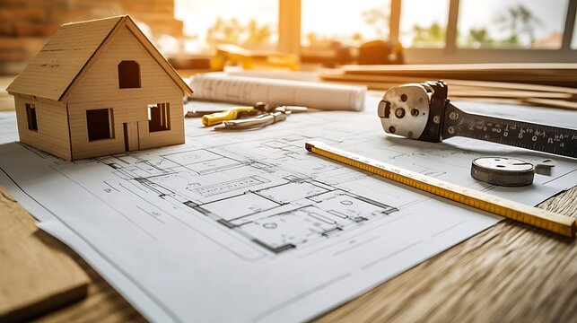 Architectural blueprints of a house spread out on a wooden table with construction tools and a scale ruler placed on top