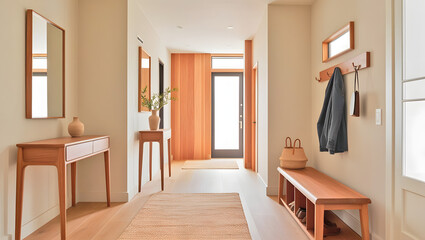 Minimalistic cozy modern passage with wooden furniture, mirror, coat hanger and natural light in farmhouse style