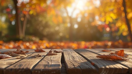 Autumn Leaves on Wooden Table with Blurred Background