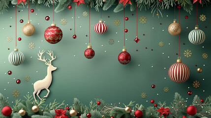 Merry christmas greeting card vector design. Christmas hanging balls, deer, candy cane, ornaments and xmas elements in elegant green background. Vector illustration greeting card design.