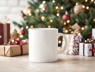 Blank mug in front of a decorated Christmas tree, surrounded by gifts and twinkling lights, festive mockup setting