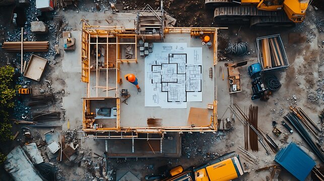 Overhead view of house blueprints spread out on a construction site, with measuring tools and construction equipment positioned around